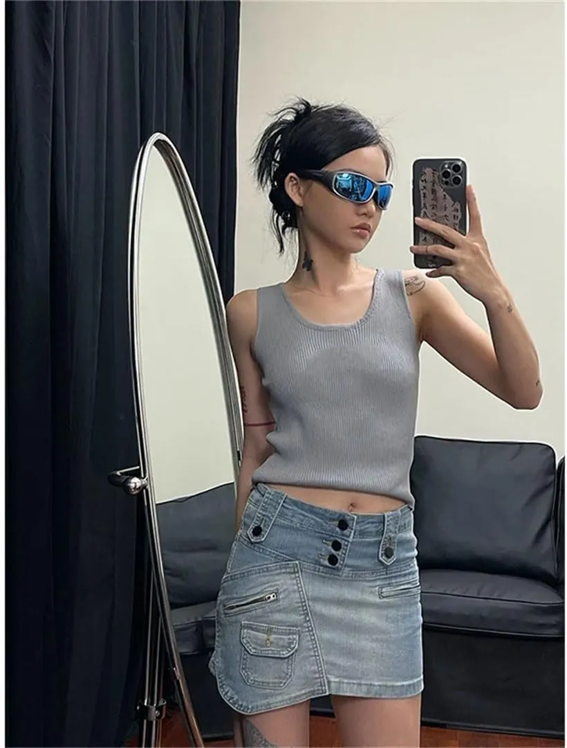 Women Denim Mini Skirt Vintage Washed Hip Wrap Streetwear Korean Sexy Design Skirts