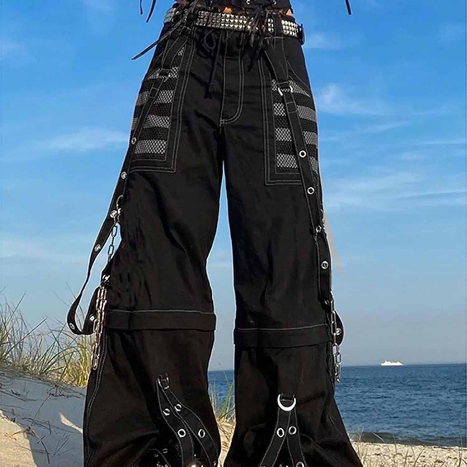 Women Emo Goth Baggy Pants Hip Hop Jeans Y2K Punk Scene High Waisted Wide Leg Denim Pants Streetwear