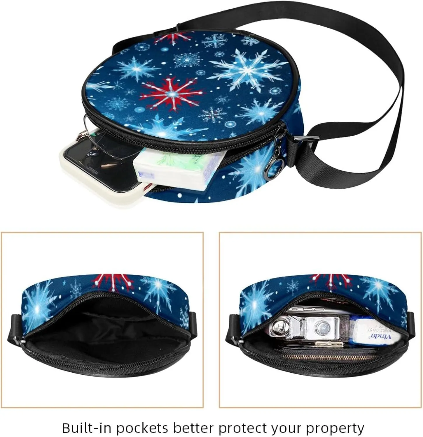 Women Fashionable Crossbody Bag – Versatile Round Bag for Every Occasion, Christmas Snowflake print