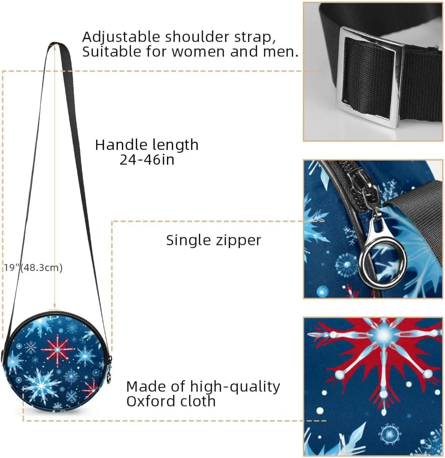 Women Fashionable Crossbody Bag – Versatile Round Bag for Every Occasion, Christmas Snowflake print