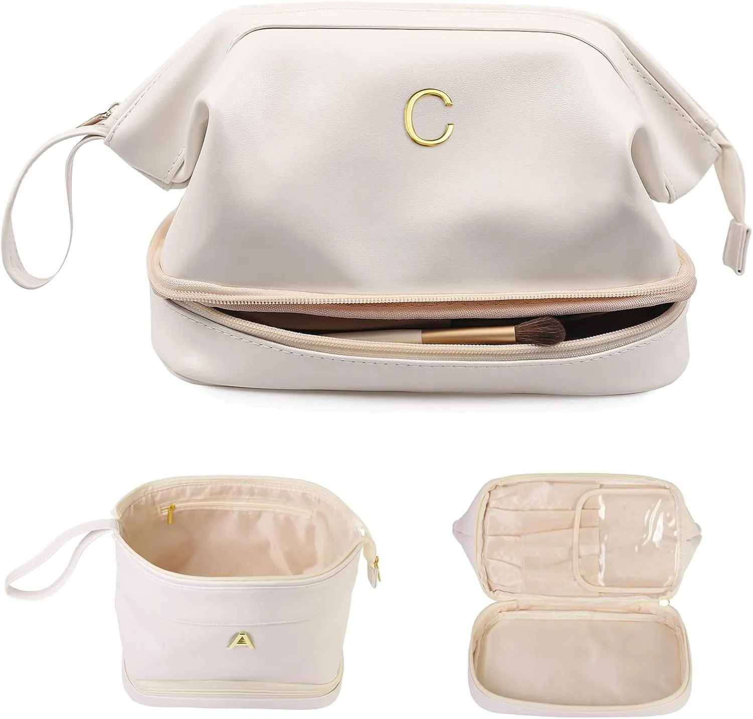 Women Gifts, Initial Makeup Bag, Personalized Double Layer Cosmetic Bag with Makeup Brush Organizer, Waterproof, Large Capacity PU Leather Travel Toiletry Bag, Gift for Wife