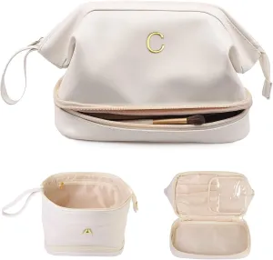Women Gifts, Initial Makeup Bag, Personalized Double Layer Cosmetic Bag with Makeup Brush Organizer, Waterproof, Large Capacity PU Leather Travel Toiletry Bag, Gift for Wife