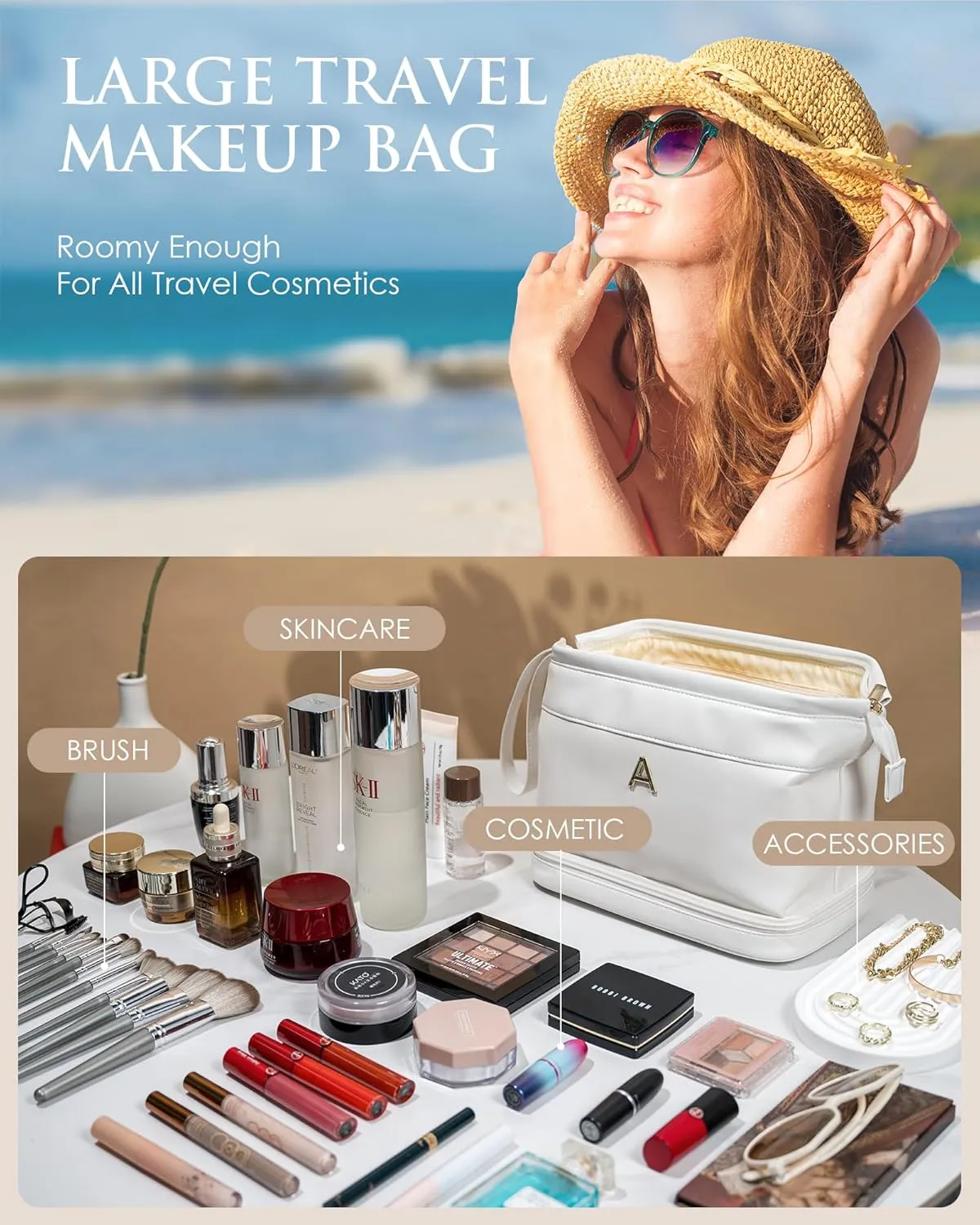 Women Gifts, Initial Makeup Bag, Personalized Double Layer Cosmetic Bag with Makeup Brush Organizer, Waterproof, Large Capacity PU Leather Travel Toiletry Bag, Gift for Wife