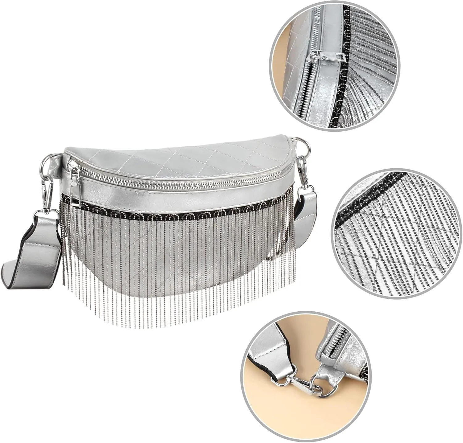 Women Girls Metal Tassel Faux Leather Fanny Pack Waist Bag Chest Bag Crossbody Shoulder Bag