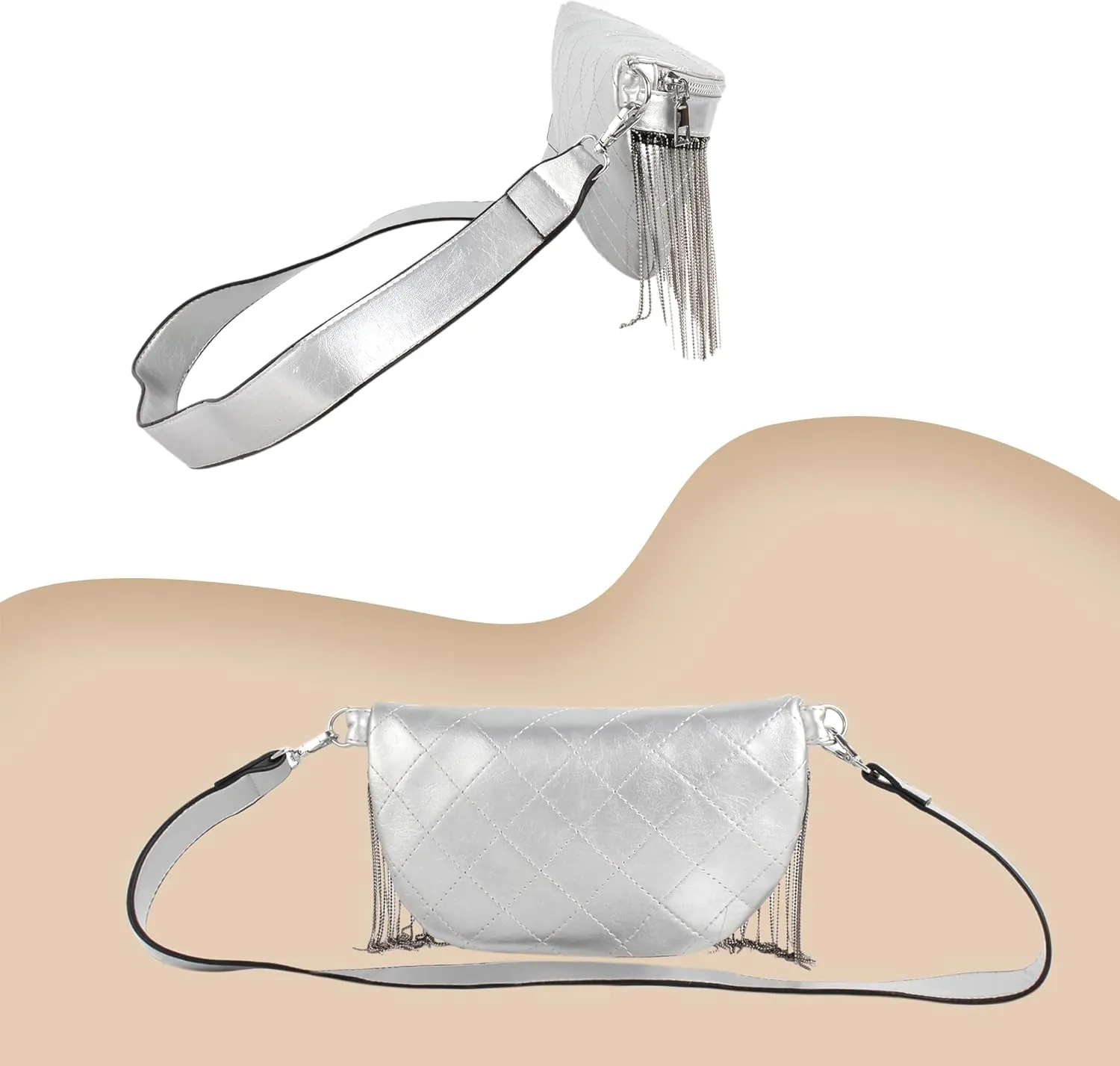 Women Girls Metal Tassel Faux Leather Fanny Pack Waist Bag Chest Bag Crossbody Shoulder Bag