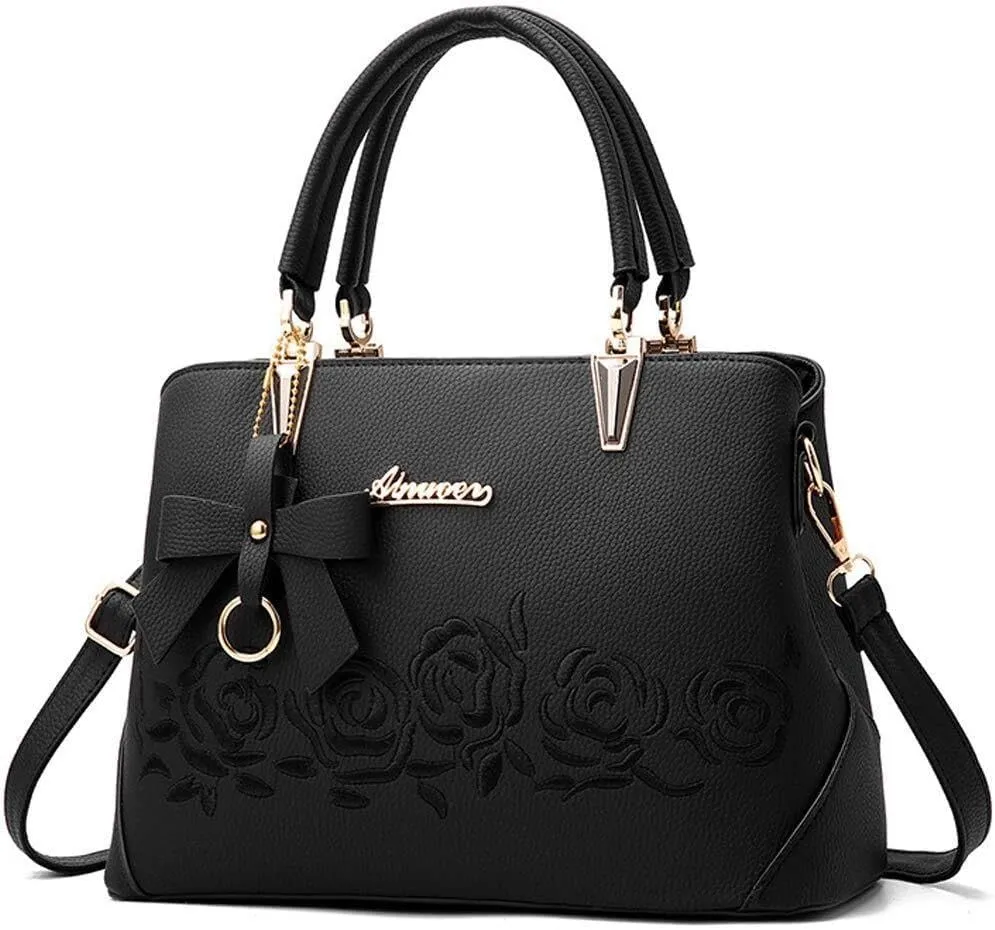 Women Handbags Faux Leather Satchel Flower Embroidery Crossbody Shoulder Purse Medium Tote Bags Top Handle