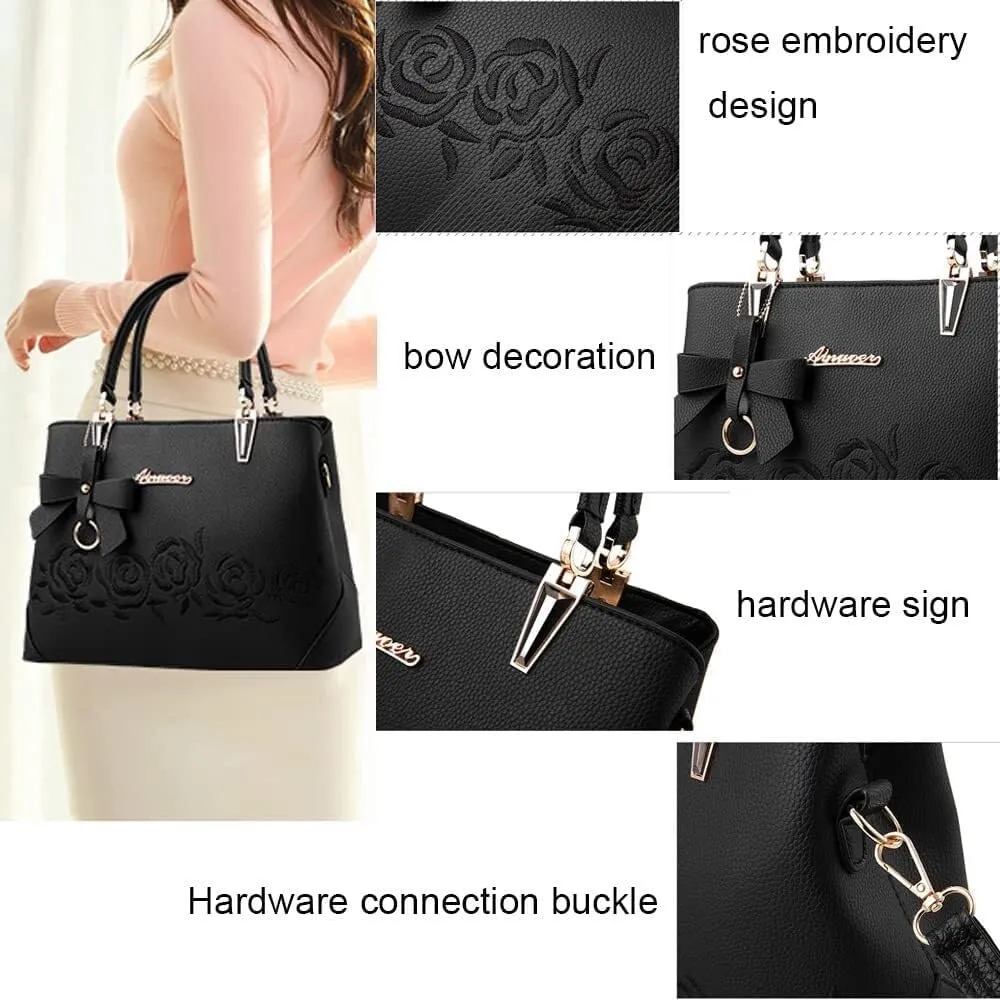 Women Handbags Faux Leather Satchel Flower Embroidery Crossbody Shoulder Purse Medium Tote Bags Top Handle