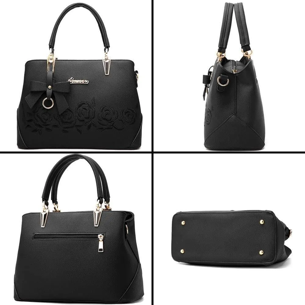 Women Handbags Faux Leather Satchel Flower Embroidery Crossbody Shoulder Purse Medium Tote Bags Top Handle