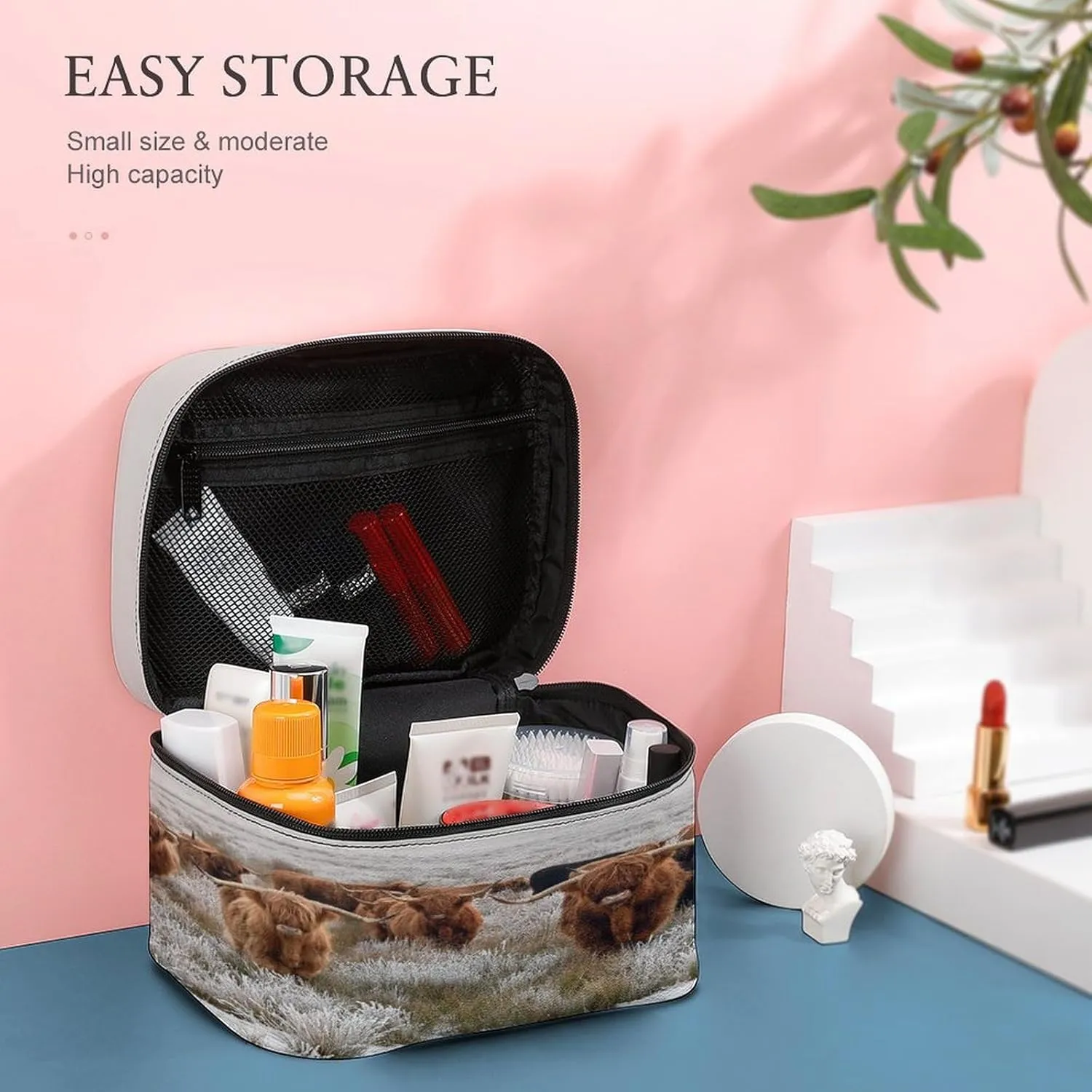 Women Leather Cosmetic Bag, Zipper Makeup Case Purse Holder Pouch Handbag