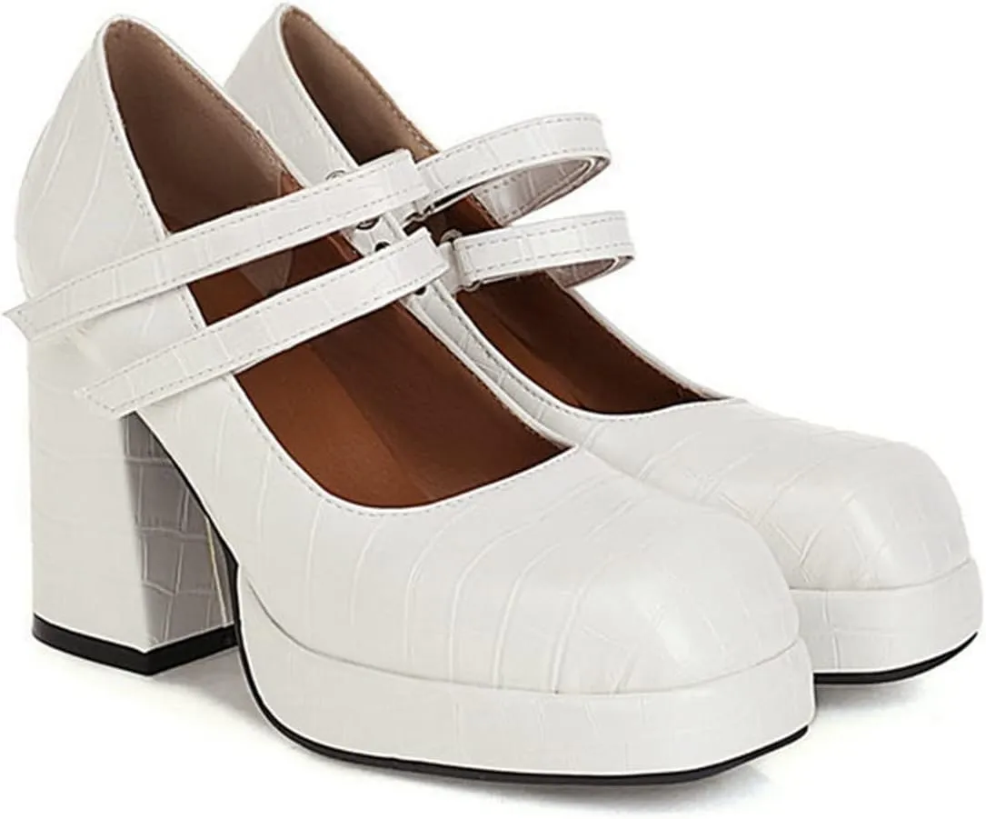Women Platform Mary Jane Chunky High Heel Pumps Retro Double Ankle Strap Cosplay Uniform Dress Shoes