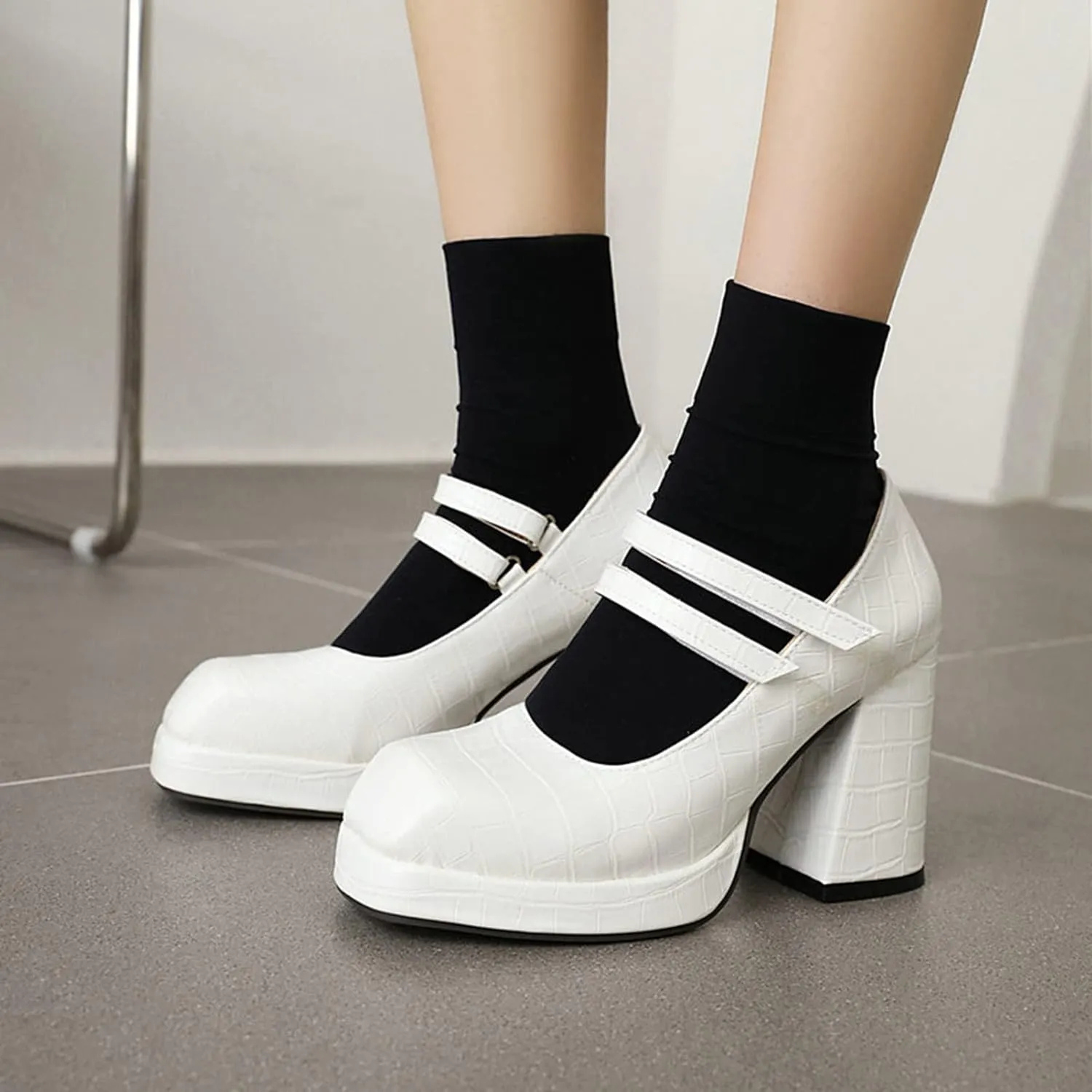 Women Platform Mary Jane Chunky High Heel Pumps Retro Double Ankle Strap Cosplay Uniform Dress Shoes