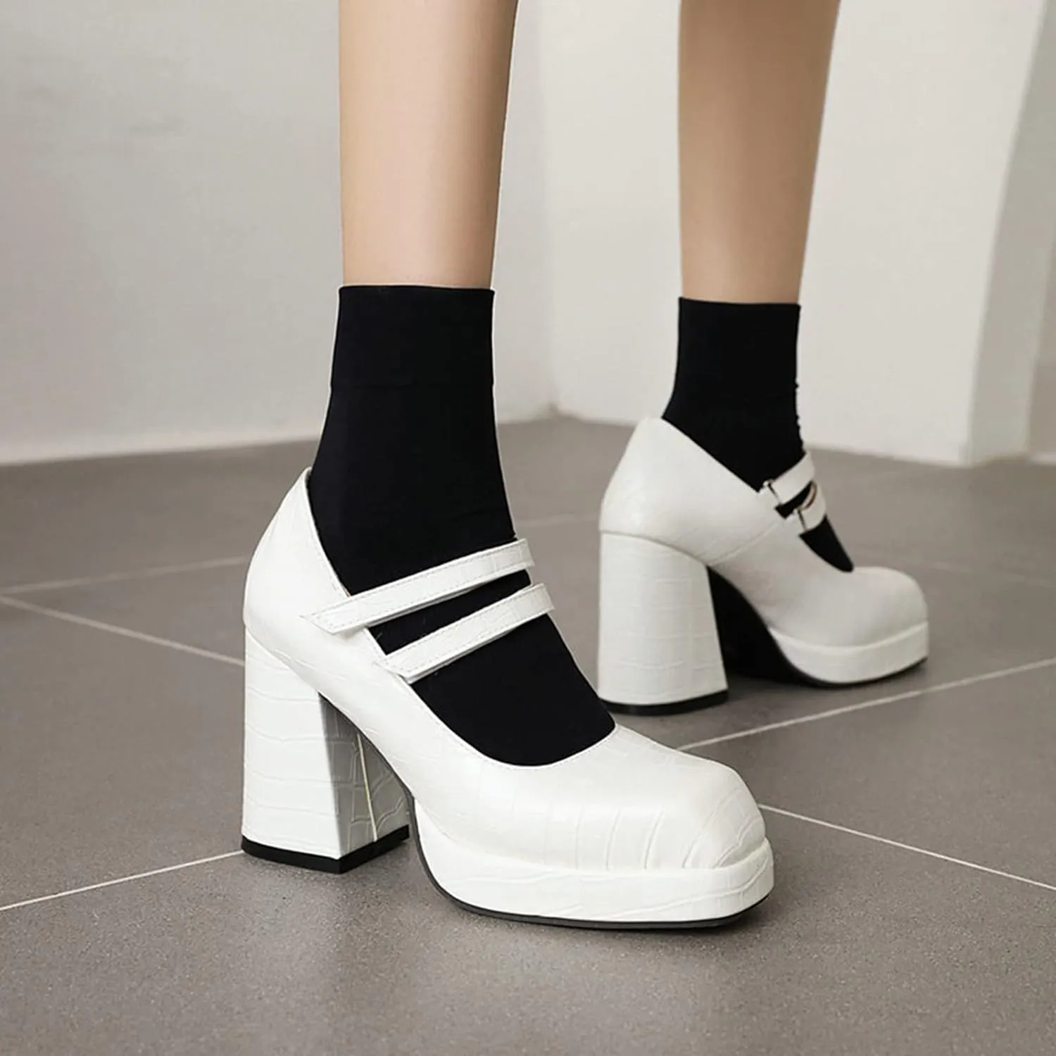 Women Platform Mary Jane Chunky High Heel Pumps Retro Double Ankle Strap Cosplay Uniform Dress Shoes