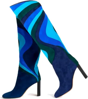 Women Rainbow Knee High Boots Suede Round Toe Dress Boots Chunky Block High Heel Multicolored Metallic Long Boots Colorful Patchwork Office Ladies Wedding Party Fall Winter Boot 4-11 M US
