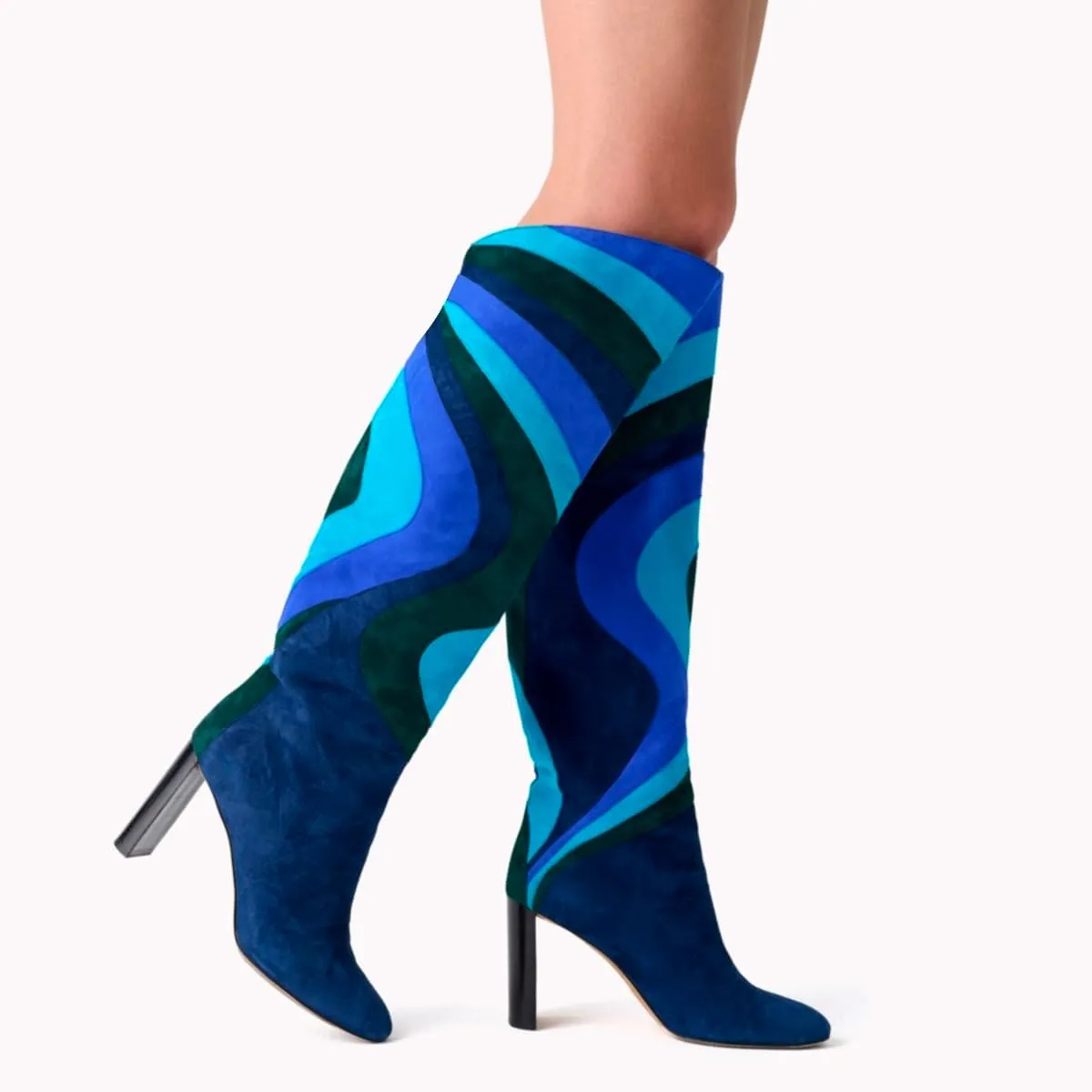 Women Rainbow Knee High Boots Suede Round Toe Dress Boots Chunky Block High Heel Multicolored Metallic Long Boots Colorful Patchwork Office Ladies Wedding Party Fall Winter Boot 4-11 M US