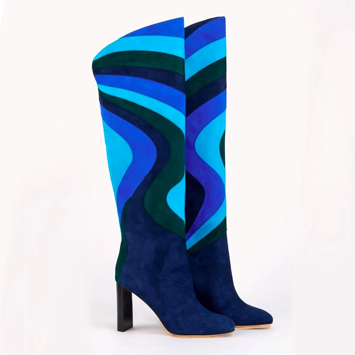 Women Rainbow Knee High Boots Suede Round Toe Dress Boots Chunky Block High Heel Multicolored Metallic Long Boots Colorful Patchwork Office Ladies Wedding Party Fall Winter Boot 4-11 M US