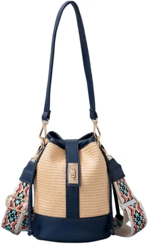 Women Straw Drawstring Bucket Purse Small Tote Shoulder Handbag Hollow Out Cross-body Bag for Summer,Beach