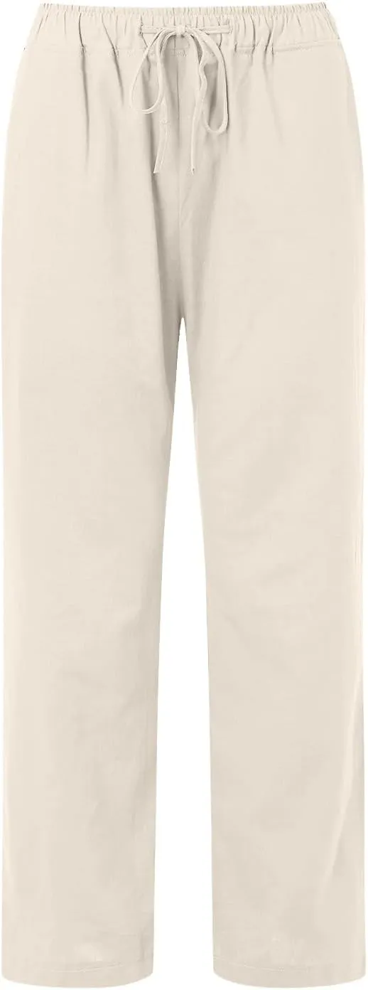 Women Summer High Waist Linen Palazzo Pants Wide Leg Long Button Loose Pant Trousers with Pockets