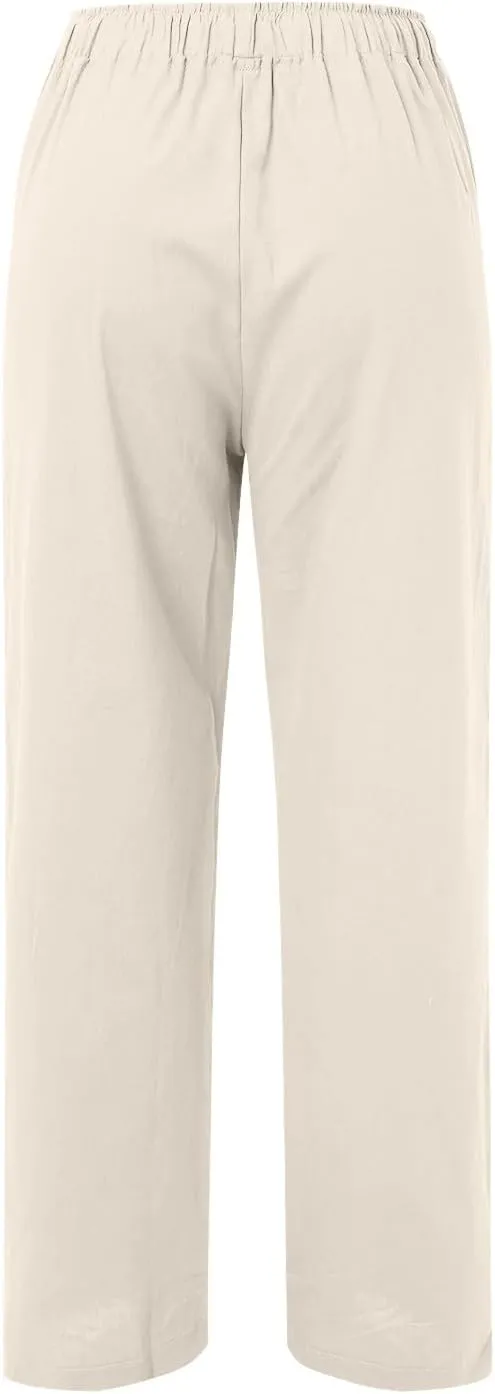 Women Summer High Waist Linen Palazzo Pants Wide Leg Long Button Loose Pant Trousers with Pockets