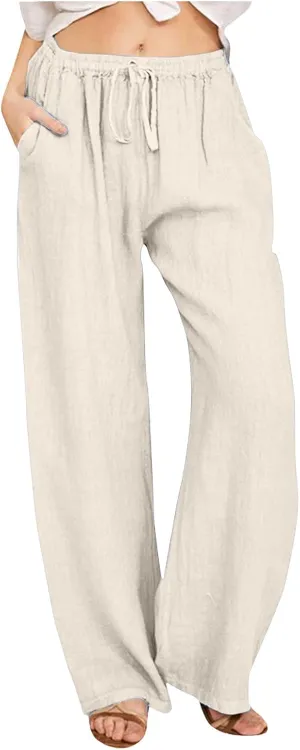 Women Summer High Waist Linen Palazzo Pants Wide Leg Long Button Loose Pant Trousers with Pockets