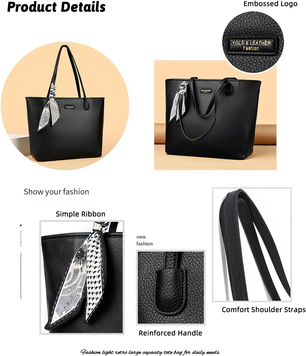 Women Tote Bags Ribbon Decoration Stylish Shoulder Bag Top Handle Satchel PU Faux Leather Big Capacity Handbags