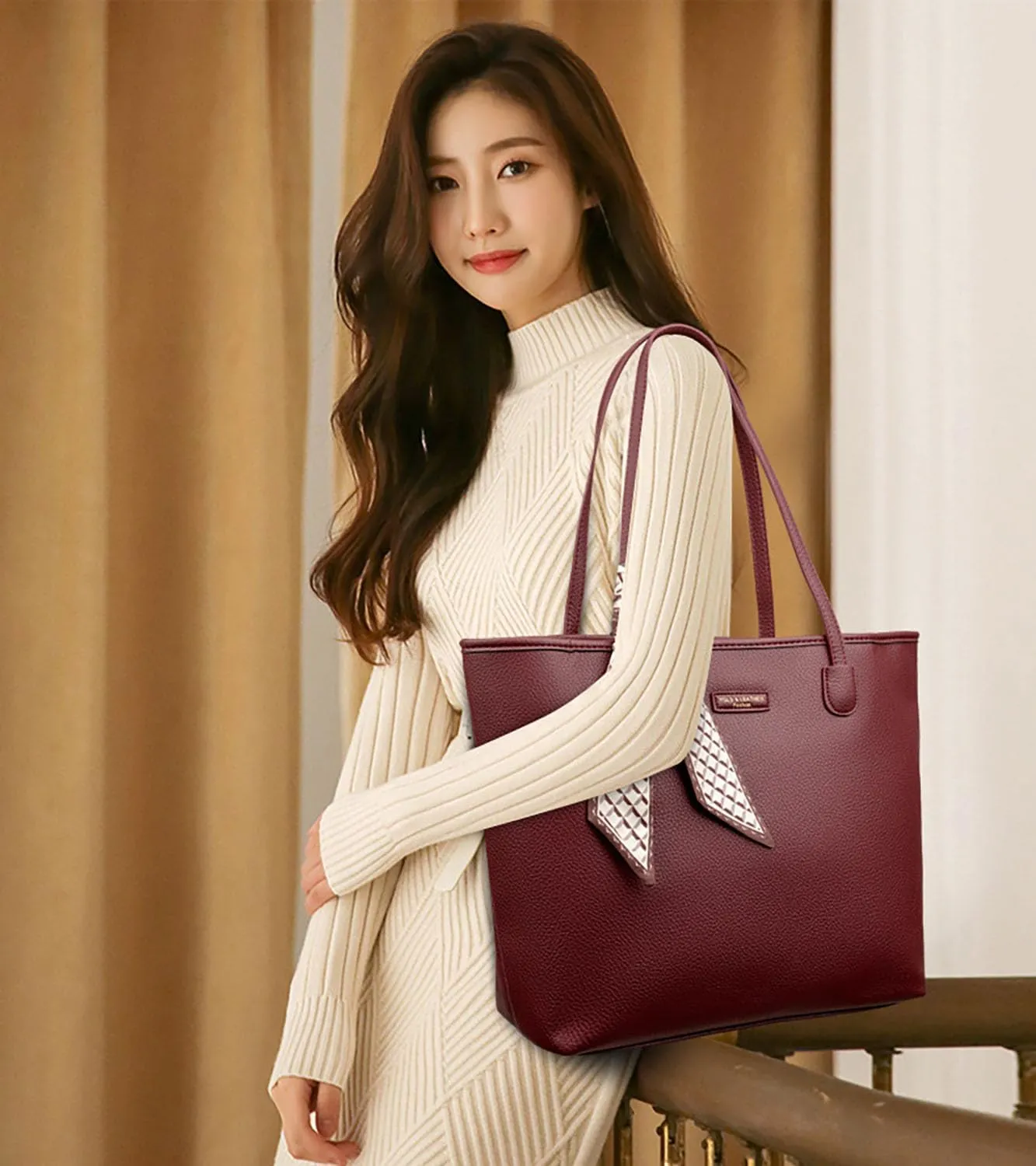 Women Tote Bags Ribbon Decoration Stylish Shoulder Bag Top Handle Satchel PU Faux Leather Big Capacity Handbags