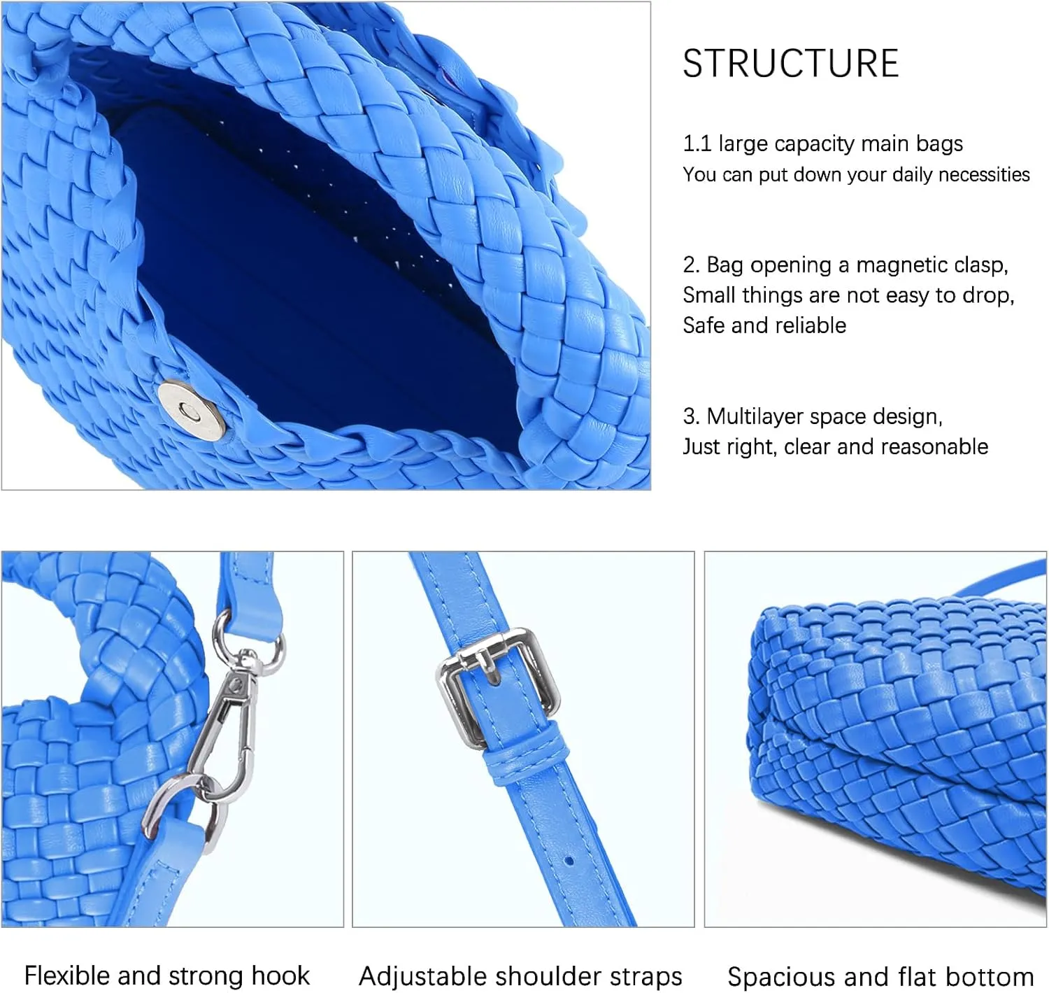 Women Woven Tote Small Crossbody Bag, Weave Quilted Purse Square Shoulder Bag Woven Handbag with Detachable Strap