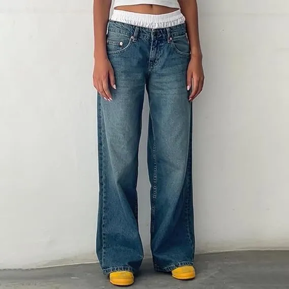 Women Y2K Low Rise Baggy Jeans Wide Leg Loose Fit Boyfriend Straight Leg Trendy Stretch Denim Pants Streetwear