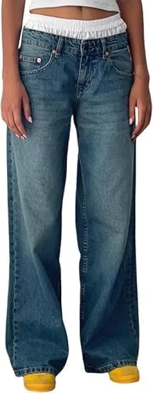 Women Y2K Low Rise Baggy Jeans Wide Leg Loose Fit Boyfriend Straight Leg Trendy Stretch Denim Pants Streetwear
