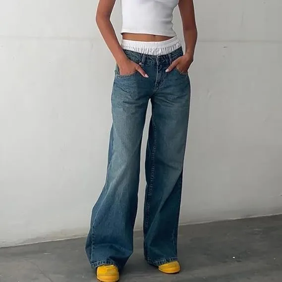 Women Y2K Low Rise Baggy Jeans Wide Leg Loose Fit Boyfriend Straight Leg Trendy Stretch Denim Pants Streetwear