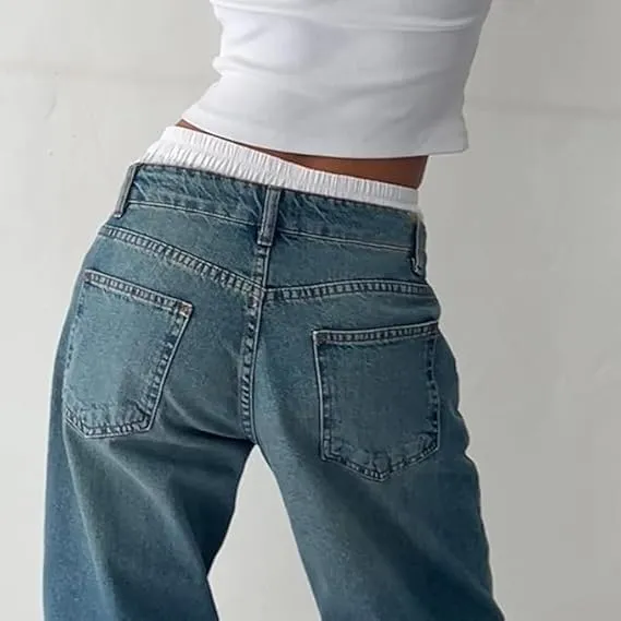Women Y2K Low Rise Baggy Jeans Wide Leg Loose Fit Boyfriend Straight Leg Trendy Stretch Denim Pants Streetwear