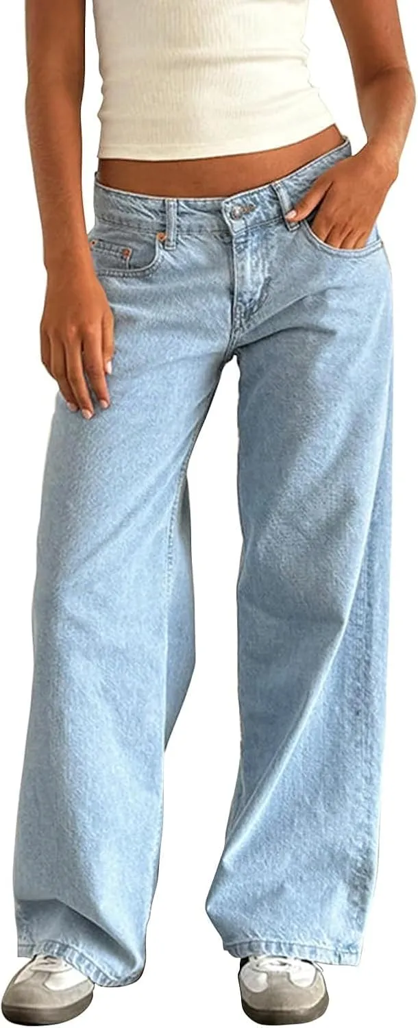 Women Y2K Low Rise Baggy Jeans Wide Leg Loose Fit Boyfriend Straight Leg Trendy Stretch Denim Pants Streetwear