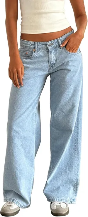 Women Y2K Low Rise Baggy Jeans Wide Leg Loose Fit Boyfriend Straight Leg Trendy Stretch Denim Pants Streetwear