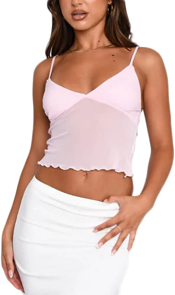 Women Y2k Sheer Cami Shirt Spaghetti Strap See Through Mesh Patchwork Cute Summer Going Out Tops Sexy Camisole