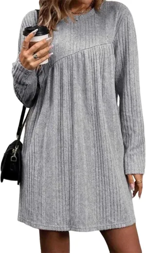 Women's 2025 Summer Basic Plain Grey Round Neck Long Sleeve Knit Mini Dress Casual Going Out Strolling Party Dresses