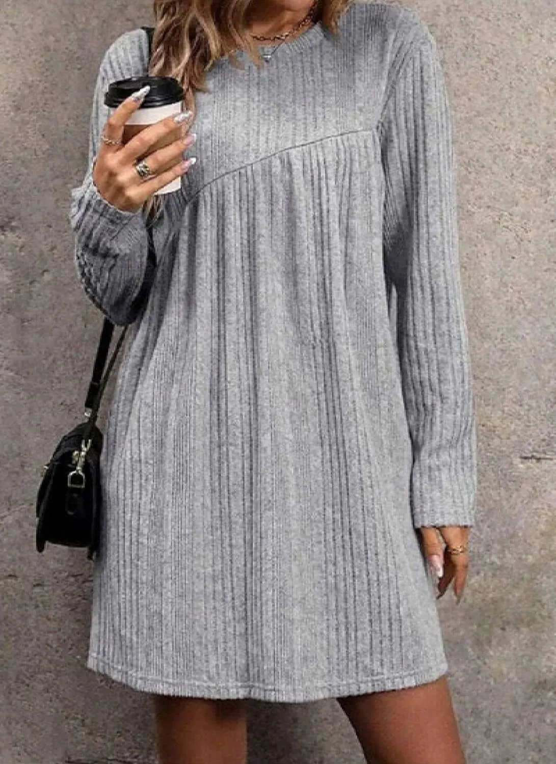 Women's 2025 Summer Basic Plain Grey Round Neck Long Sleeve Knit Mini Dress Casual Going Out Strolling Party Dresses