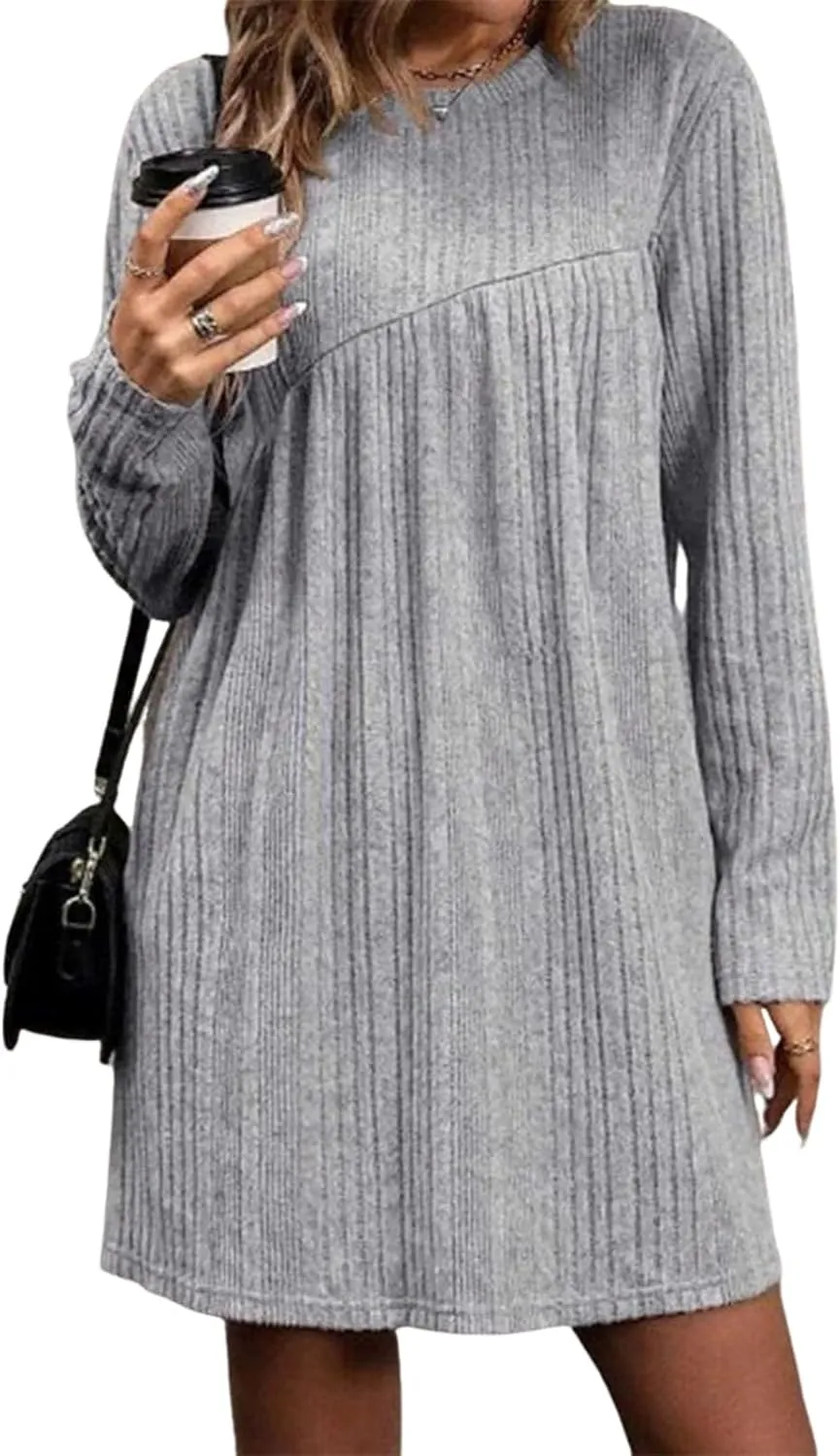 Women's 2025 Summer Basic Plain Grey Round Neck Long Sleeve Knit Mini Dress Casual Going Out Strolling Party Dresses