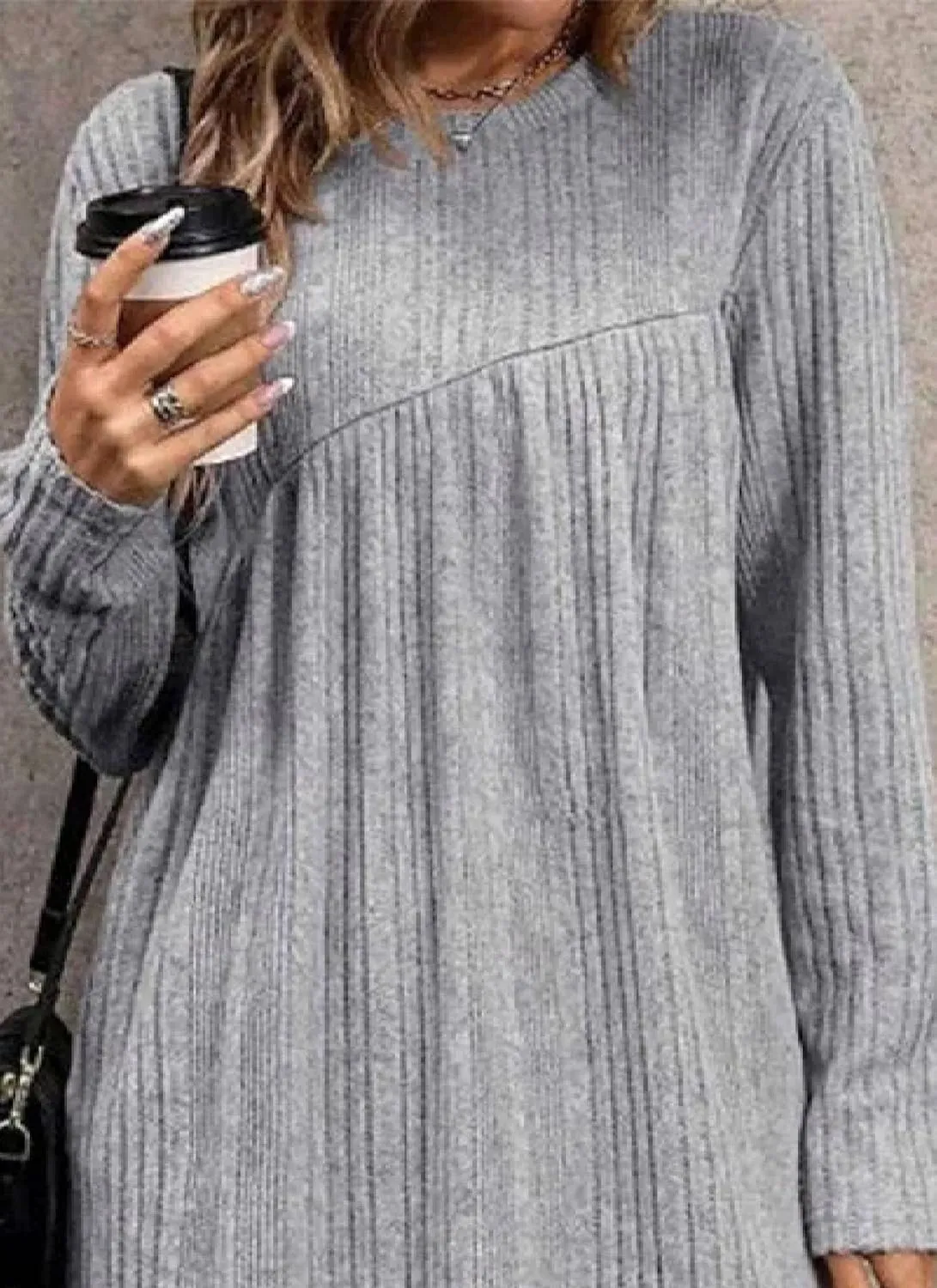 Women's 2025 Summer Basic Plain Grey Round Neck Long Sleeve Knit Mini Dress Casual Going Out Strolling Party Dresses