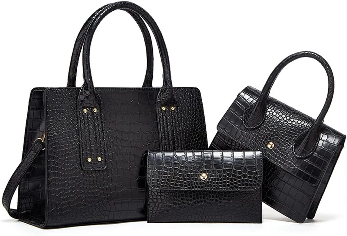 Womens 3 Pcs Handbag Set Clutch Crocodile Pattern Purse Fashion Leather Top Handle Tote Satchel Crossbody Bag Wallet