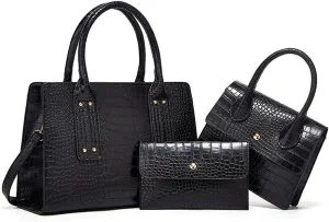 Womens 3 Pcs Handbag Set Clutch Crocodile Pattern Purse Fashion Leather Top Handle Tote Satchel Crossbody Bag Wallet