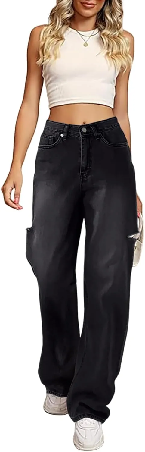 Women's Baggy Boyfriend Jeans Vintage Wide Leg Mid Rise Barrel Denim Pants