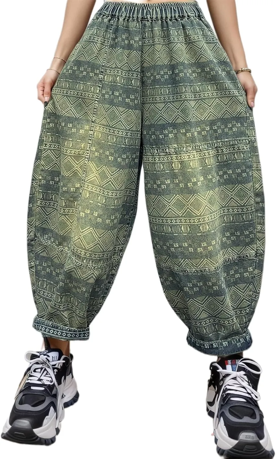 Women's Boho Denim Harem Pants Vintage Casual Loose Elastic Waist Wide Leg Baggy Jeans