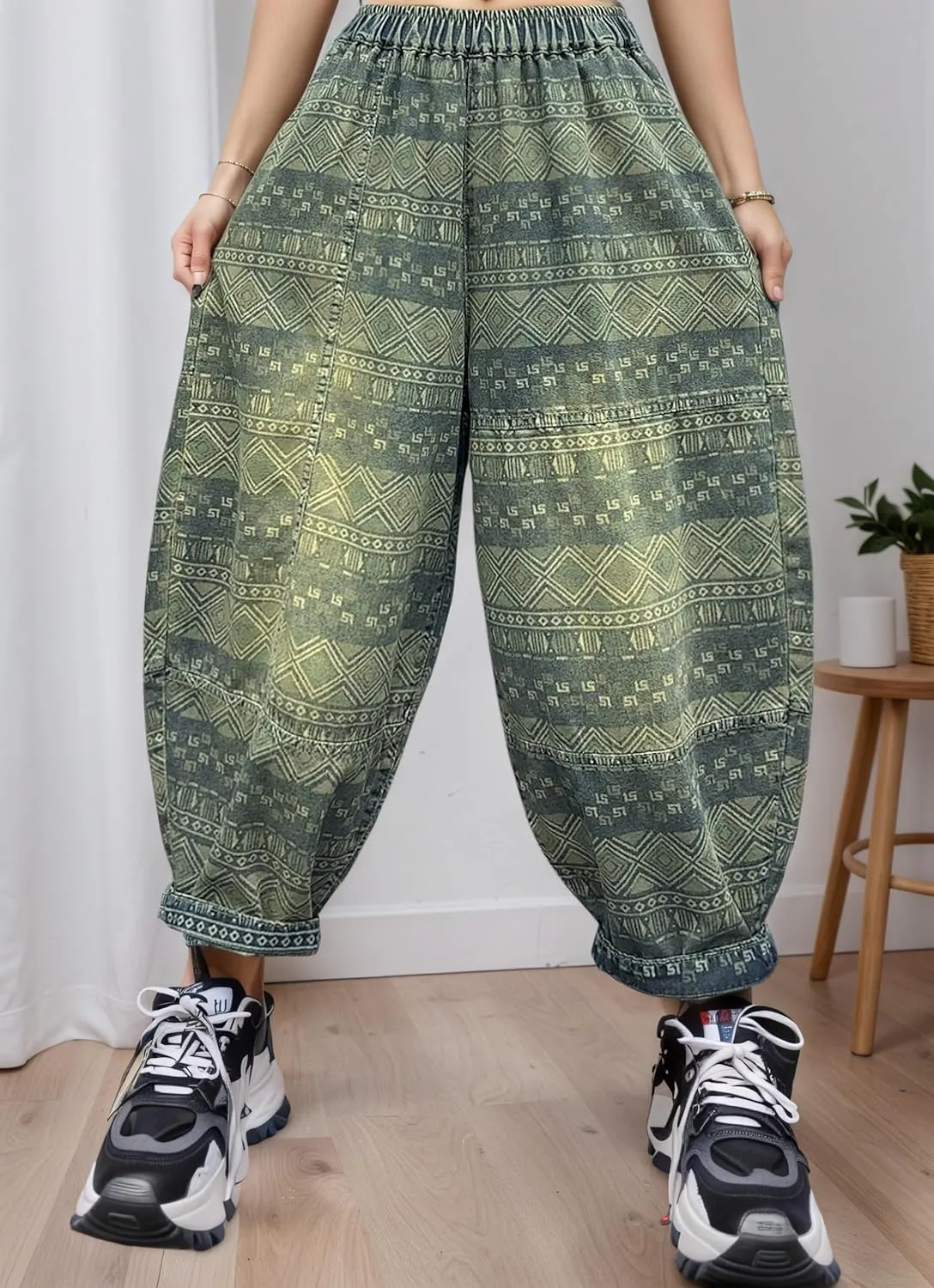 Women's Boho Denim Harem Pants Vintage Casual Loose Elastic Waist Wide Leg Baggy Jeans