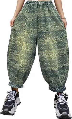 Women's Boho Denim Harem Pants Vintage Casual Loose Elastic Waist Wide Leg Baggy Jeans