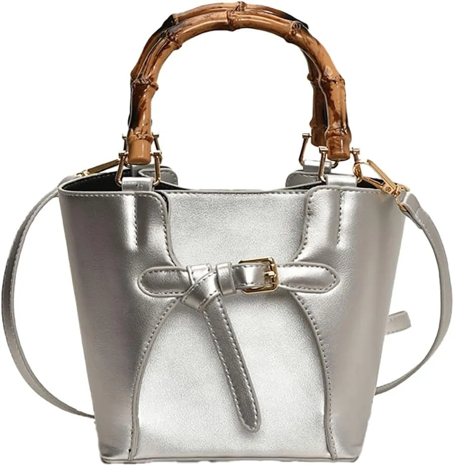 Women’s Bucket Bag Trendy Crossbody Bags For Women Vegan Leather Bamboo Handle Shoulder Handbags Spring Summer Travel Purse