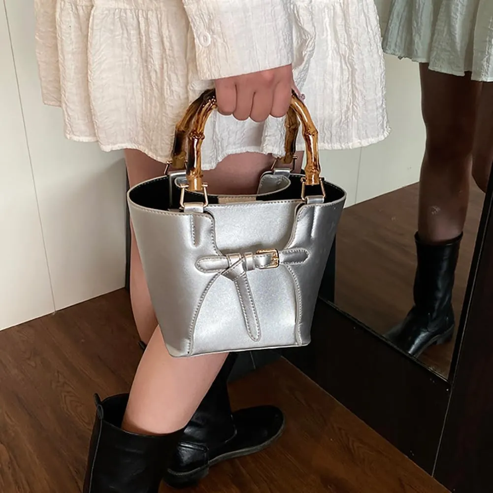 Women’s Bucket Bag Trendy Crossbody Bags For Women Vegan Leather Bamboo Handle Shoulder Handbags Spring Summer Travel Purse