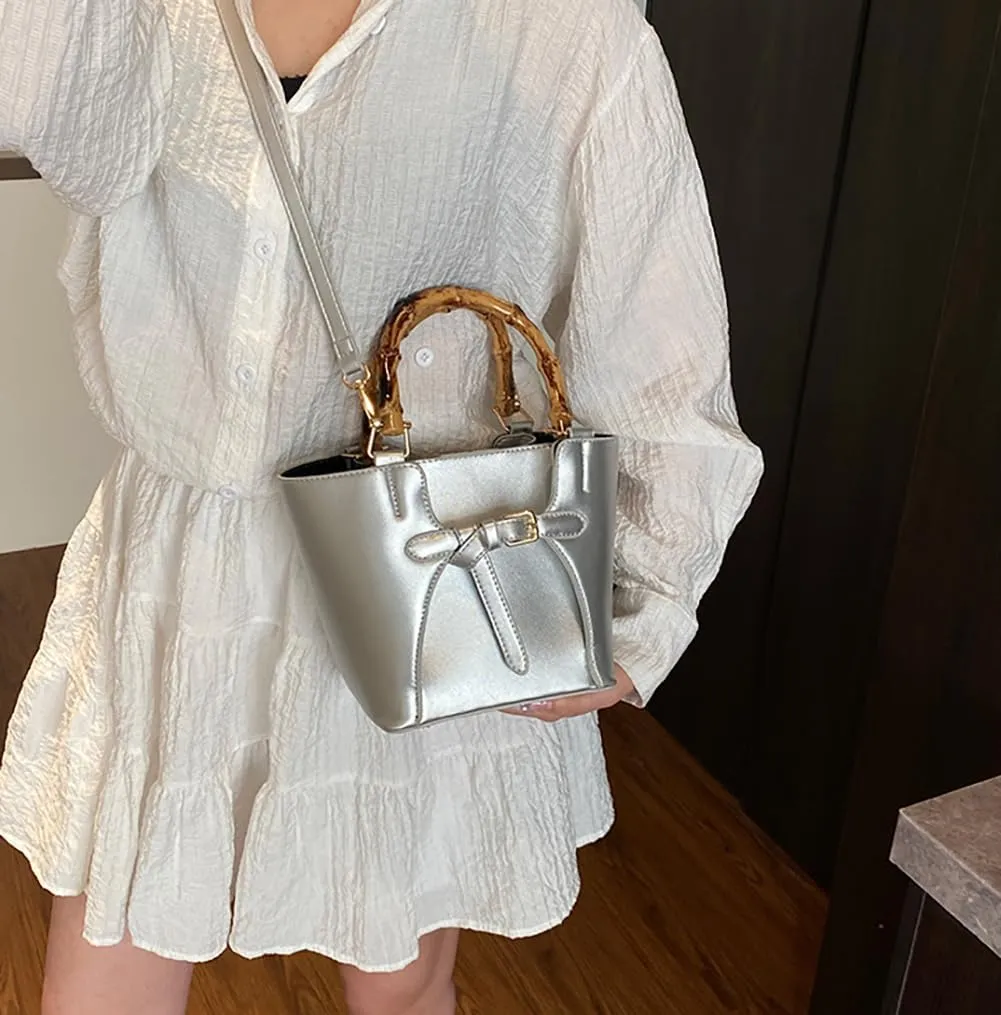 Women’s Bucket Bag Trendy Crossbody Bags For Women Vegan Leather Bamboo Handle Shoulder Handbags Spring Summer Travel Purse