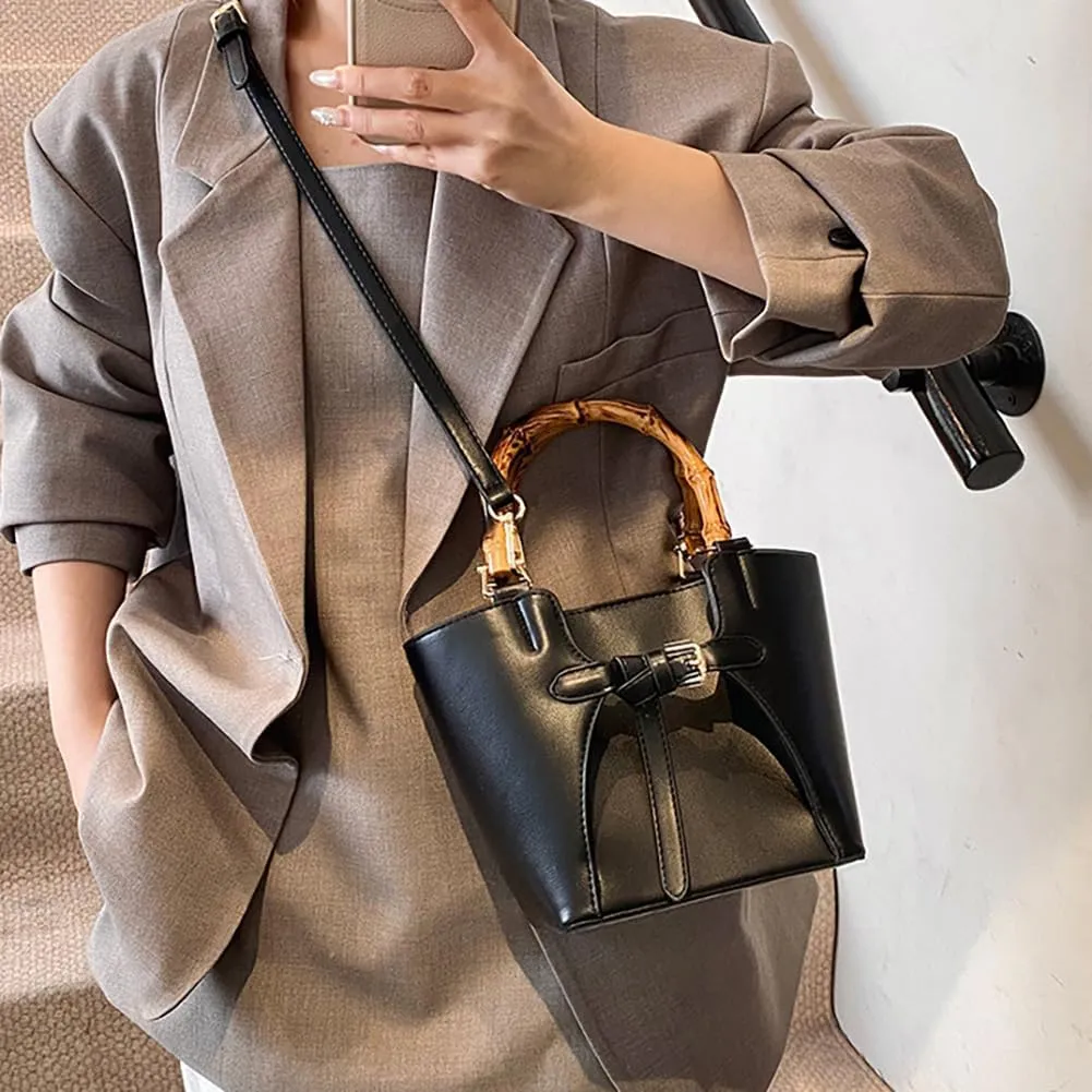 Women’s Bucket Bag Trendy Crossbody Bags For Women Vegan Leather Bamboo Handle Shoulder Handbags Spring Summer Travel Purse