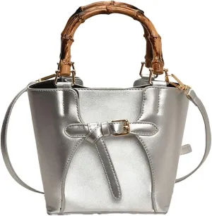 Women’s Bucket Bag Trendy Crossbody Bags For Women Vegan Leather Bamboo Handle Shoulder Handbags Spring Summer Travel Purse