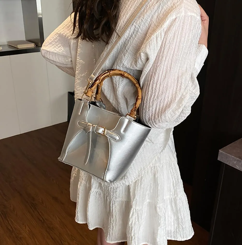 Women’s Bucket Bag Trendy Crossbody Bags For Women Vegan Leather Bamboo Handle Shoulder Handbags Spring Summer Travel Purse