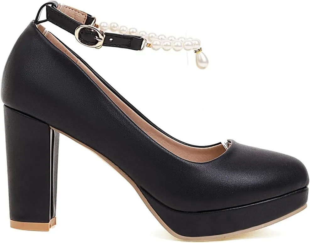 Women's Chunky High Heels Pearls Ankle Strap Pumps Shoes Round Toe Platform Elegant Mary Jane Dress Shoe